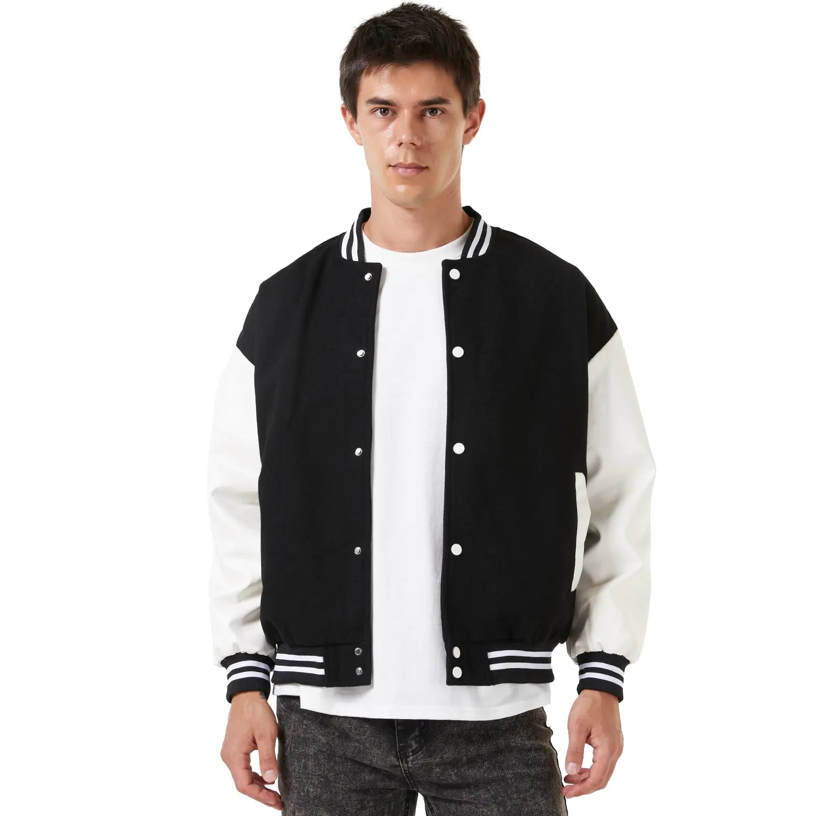 Men's Varsity Baseball Jacket - Leather Sleeves Letterman Bomber Coat | Slim Fit