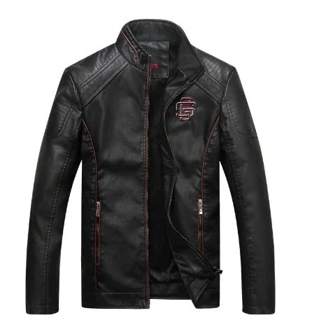 Men's Fleece Lined Leather Jacket with Stand Collar