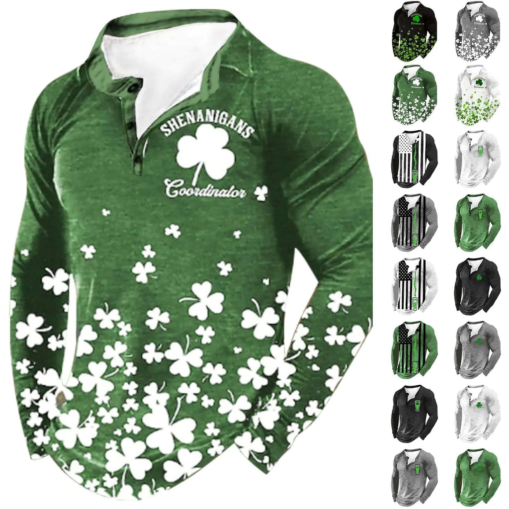 Men's St. Patrick's Day Shirt - Irish Shamrock Long Sleeve Button-Up Pullover