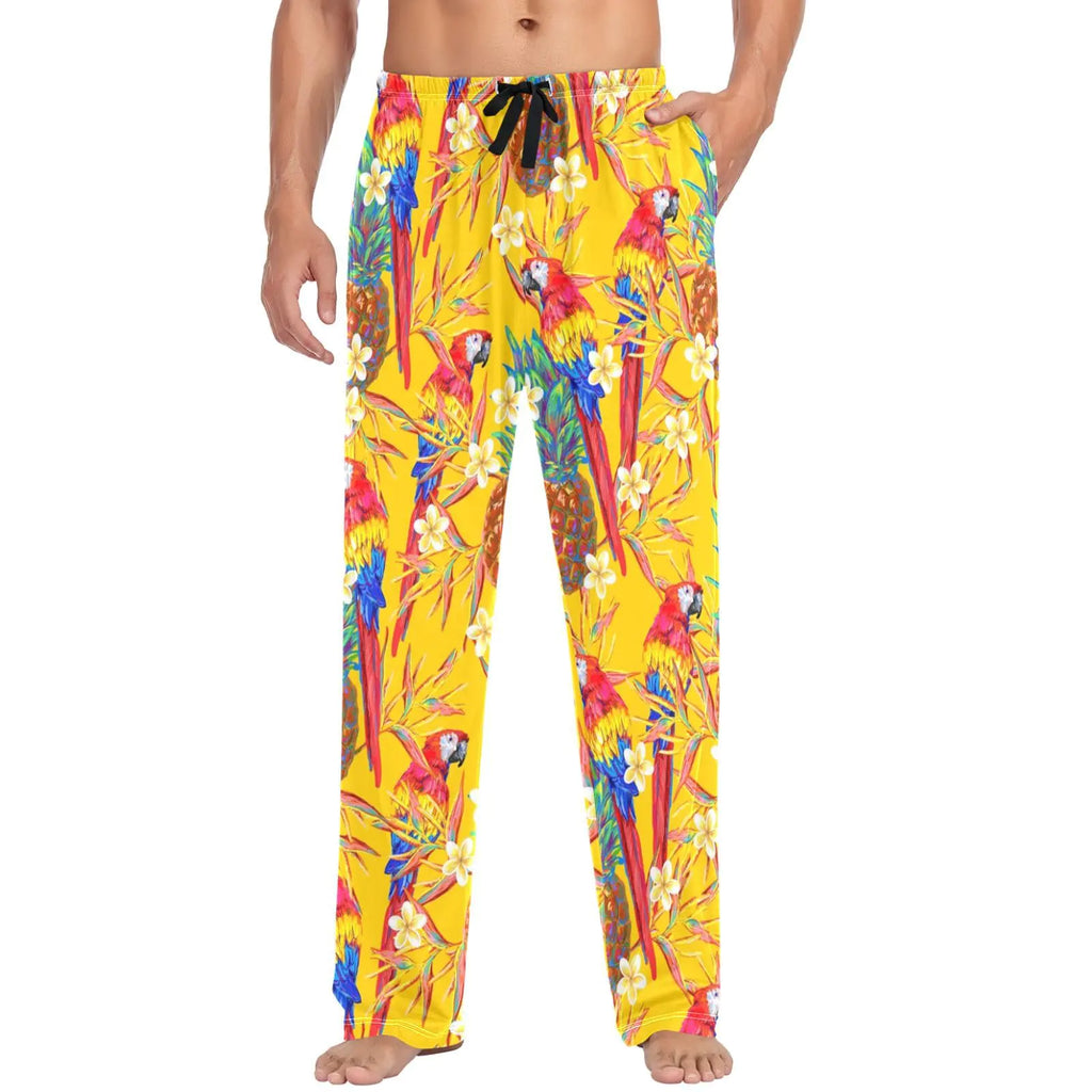 visesunny Mens Pajama Pants Funny Summer Parrot Tropical Flower 100% Cotton Lightweight Soft Pajama Bottoms Lounge Sleepwear PJs with Pockets S-XXL