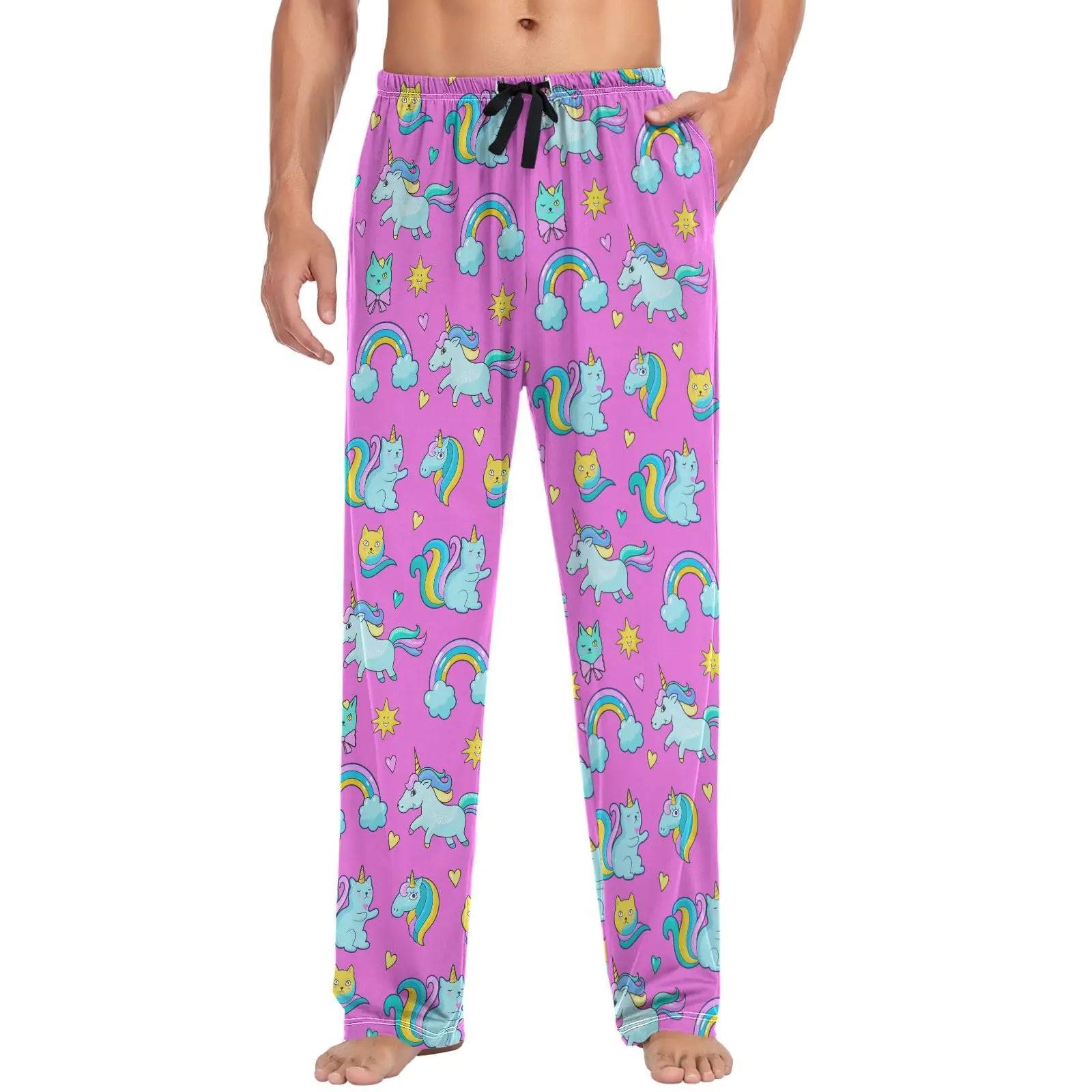 visesunny Mens Pajama Pants Funny Cat Unicorn Rainbow 100% Cotton Soft Mens Sleepwear Lounge Pants Lightweight Pajama Bottoms Pj Pants with Drawstring & Pockets