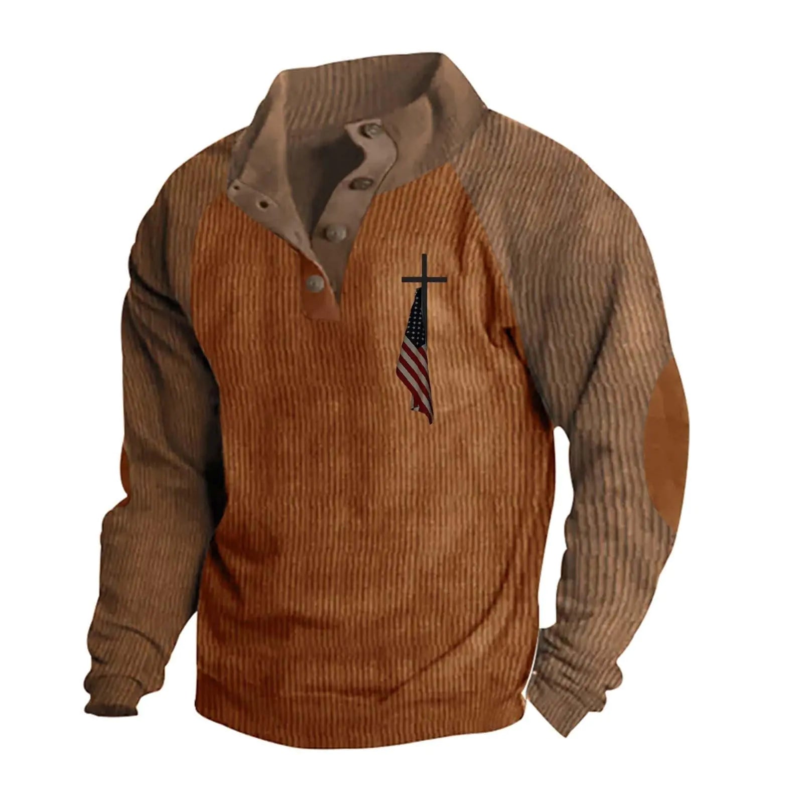 Men's Vintage American Flag Cross Shirt - Christian Patriotic Long Sleeve Sweatshirt