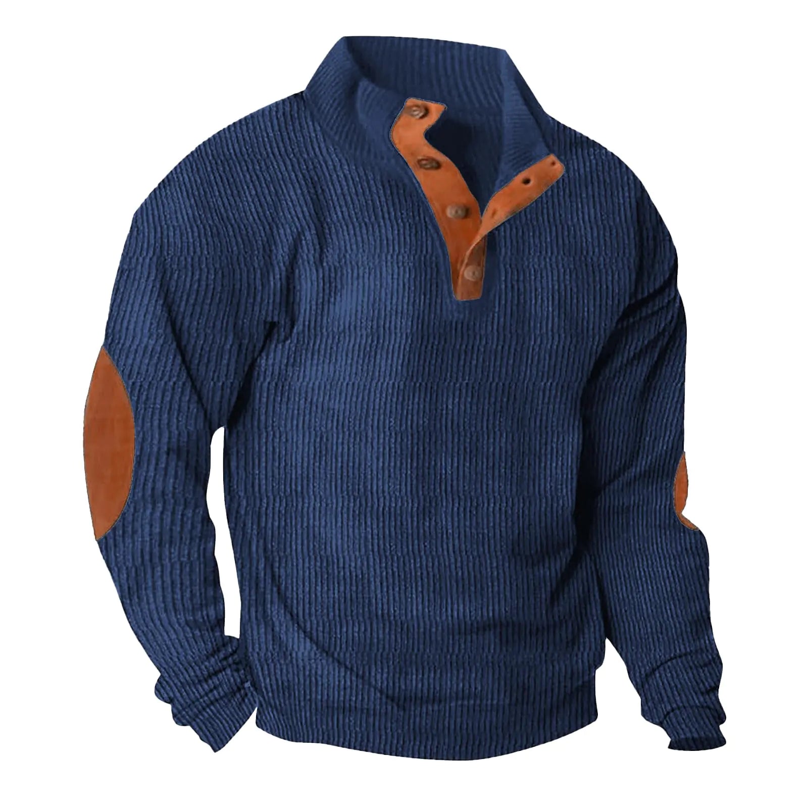 Lexiart Mens Casual Corduroy Sweatshirt Long Sleeve Thermal Stand Collar Button Pullover Sweatshirts Navy Blue