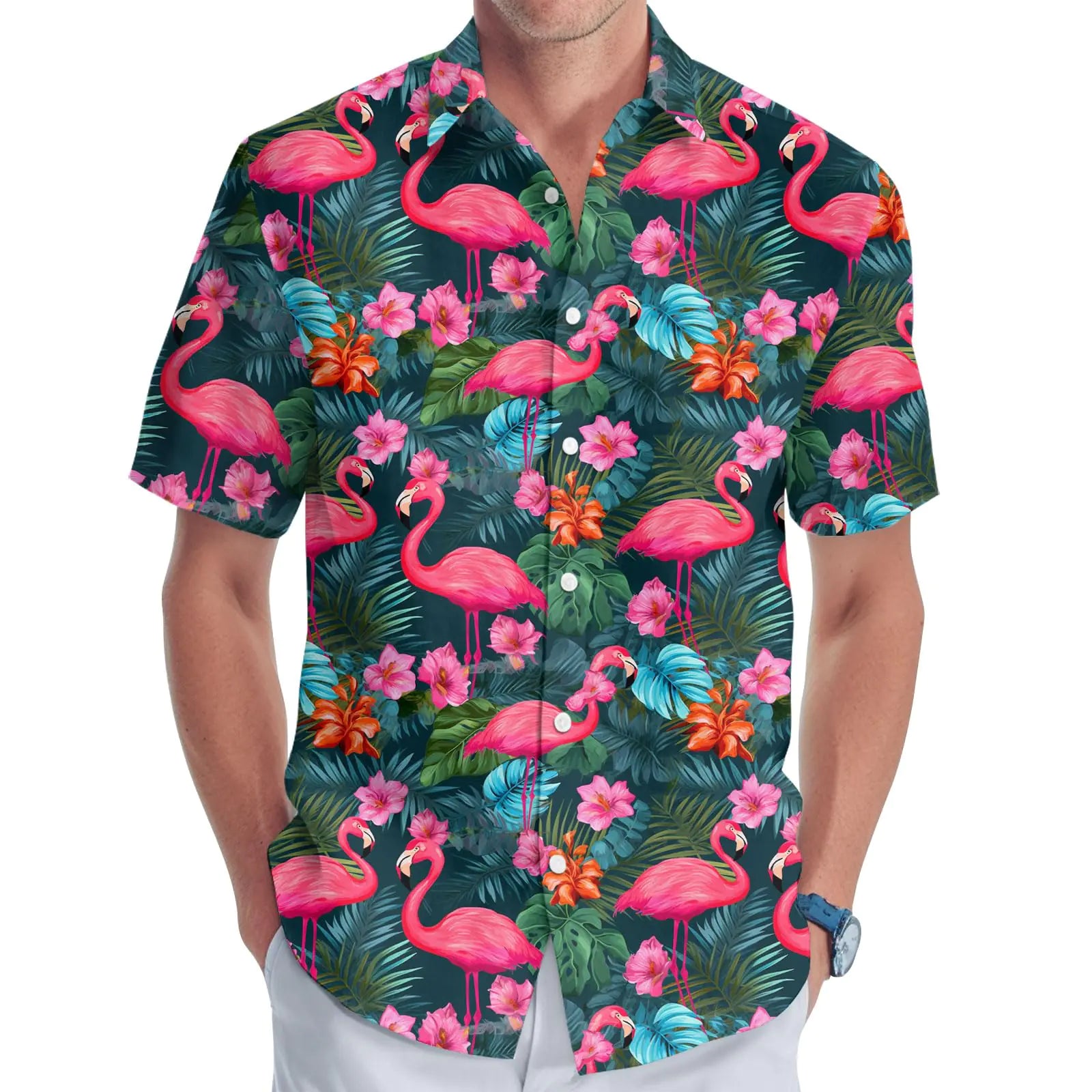 Men's Flamingo Hawaiian Shirt - Tropical Short Sleeve Button Down Casual Shirt