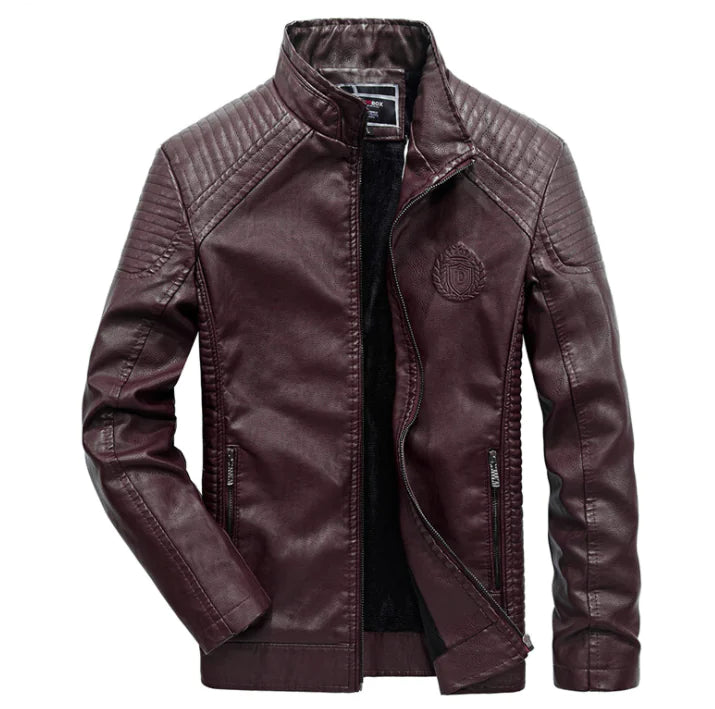Men's Fleece Lined Leather Jacket with Stand Collar