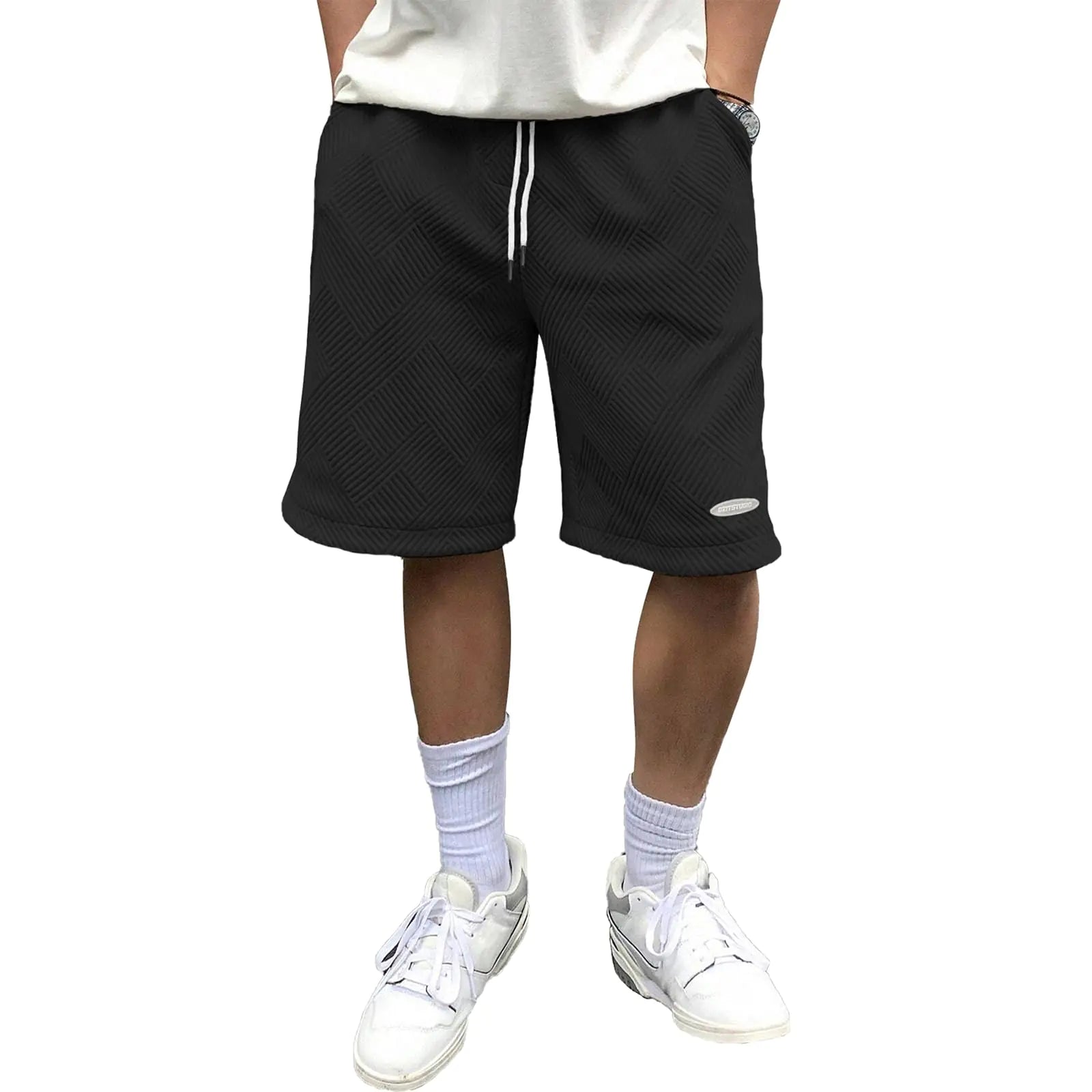 Men's Casual Beach Shorts - Geometric Texture Drawstring Shorts with Pockets