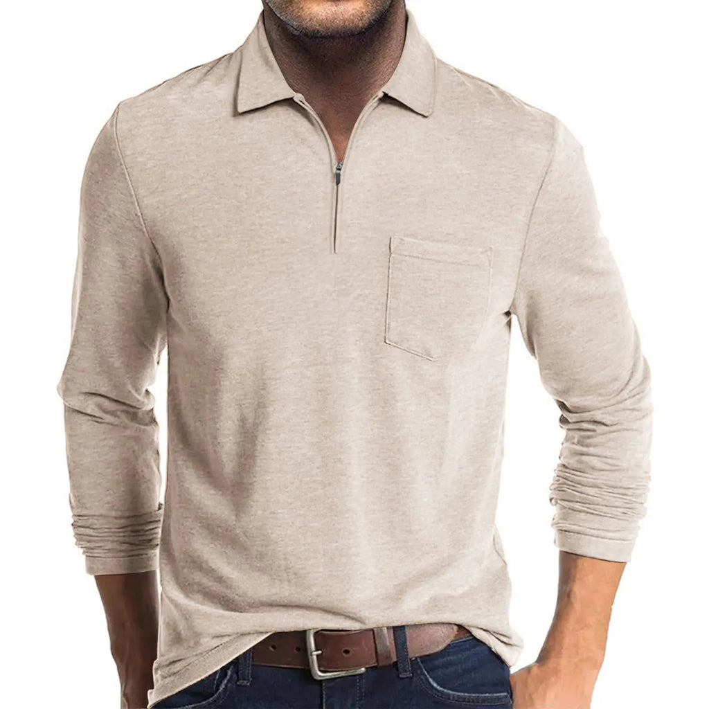 Mens Casual Polo Shirts Cotton Classic Long Sleeve Lightweight Zipper Shirt with Pocket Beige
