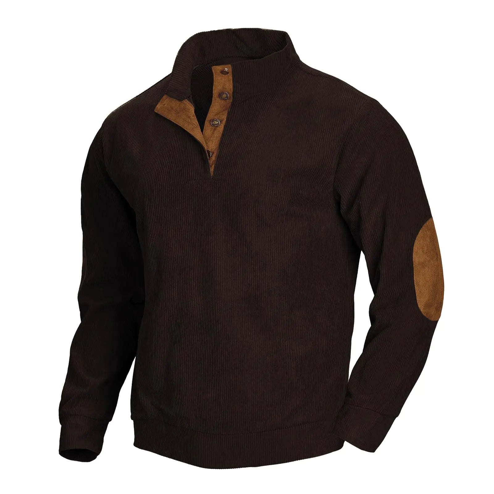 CupoJito Mens Henley Long Sleeve Corduroy Sweatshirt Casual Elbow Patches Mock Neck Button Pullover Sweater Coffee1 XXL