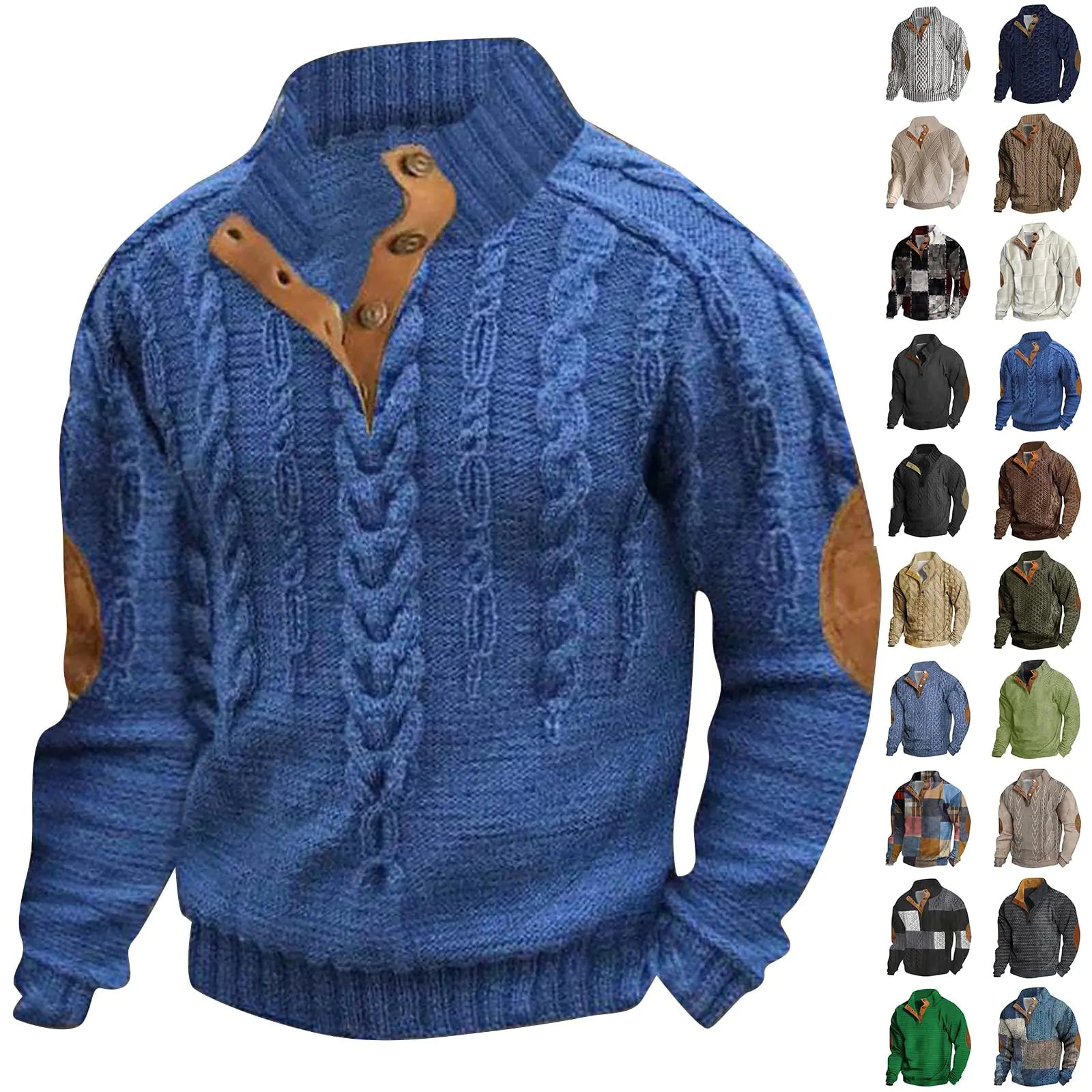 Men's Quarter Zip Pullover Sweater - Stand Collar Sweatshirt with Elbow Patches
