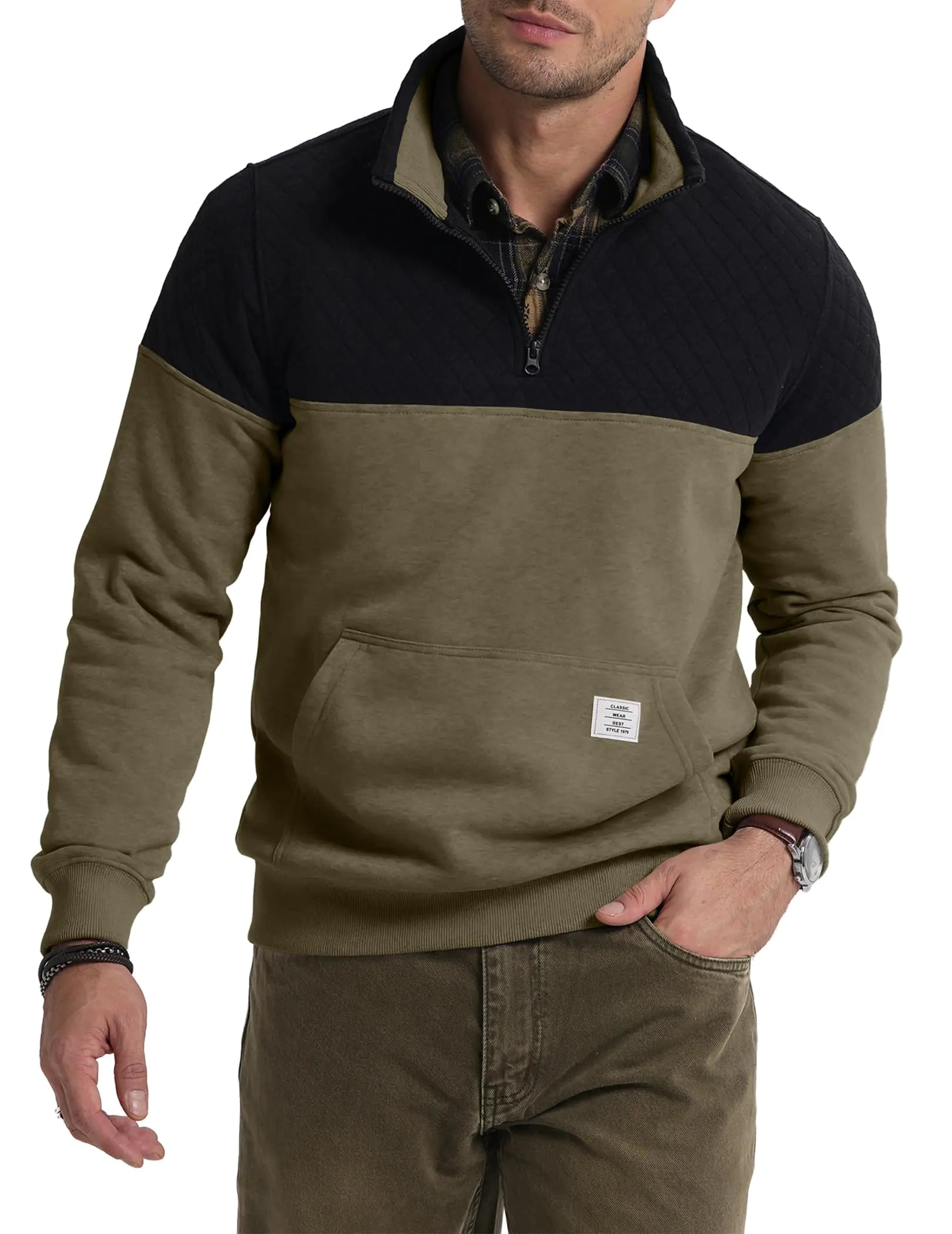 JMIERR Mens Quilted Sweatshirt Casual Long Sleeve Outdoor Stand Collar Pullover Sweatshirts with Kangaroo Pockets S Green
