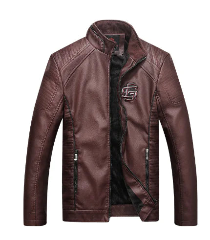 Men's Fleece Lined Leather Jacket with Stand Collar