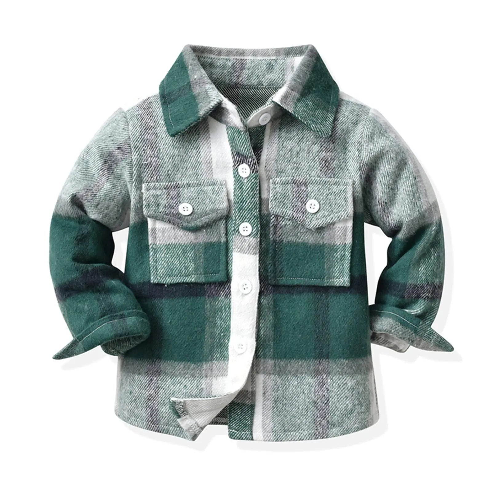 Kids Toddler Flannel Shirt Jacket Plaid Long Sleeve Lapel Button Down Shacket Baby Boys Girls Fall Shirt Coat Outwear B-Green