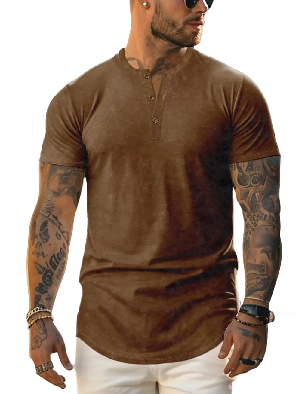 Mens Casual Henley Shirts Short Sleeve Fit Distressed T Shirt Lightweight Basic Tees Tops Coffee