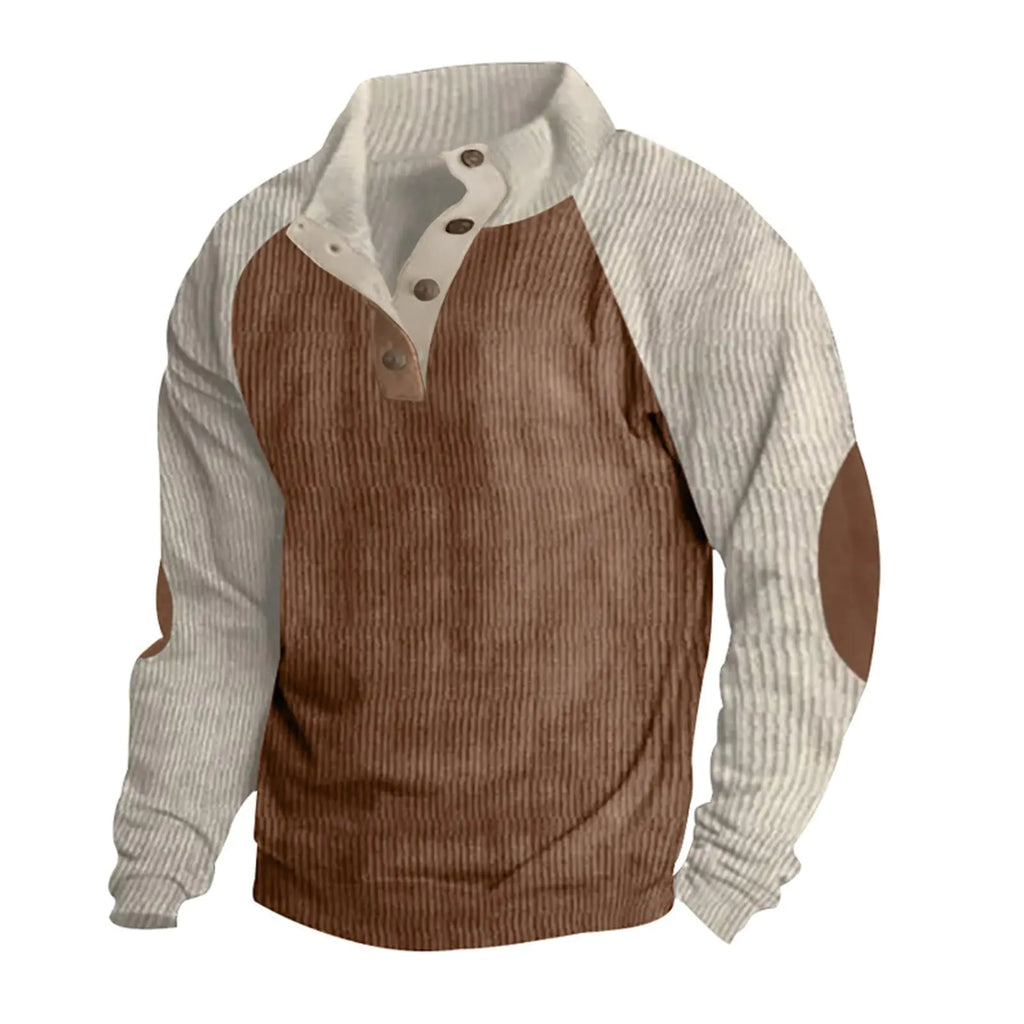 Men's Corduroy Stand Collar Sweatshirt - Casual Long Sleeve Pullover with Elbow Patches