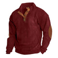 Jefyudjef Mens Corduroy Sweatshirt Casual Stand Collar Button Up Pullover Long Sleeve Polo Sweater Shirts with Elbow Patches(28#Wine3X-Large)