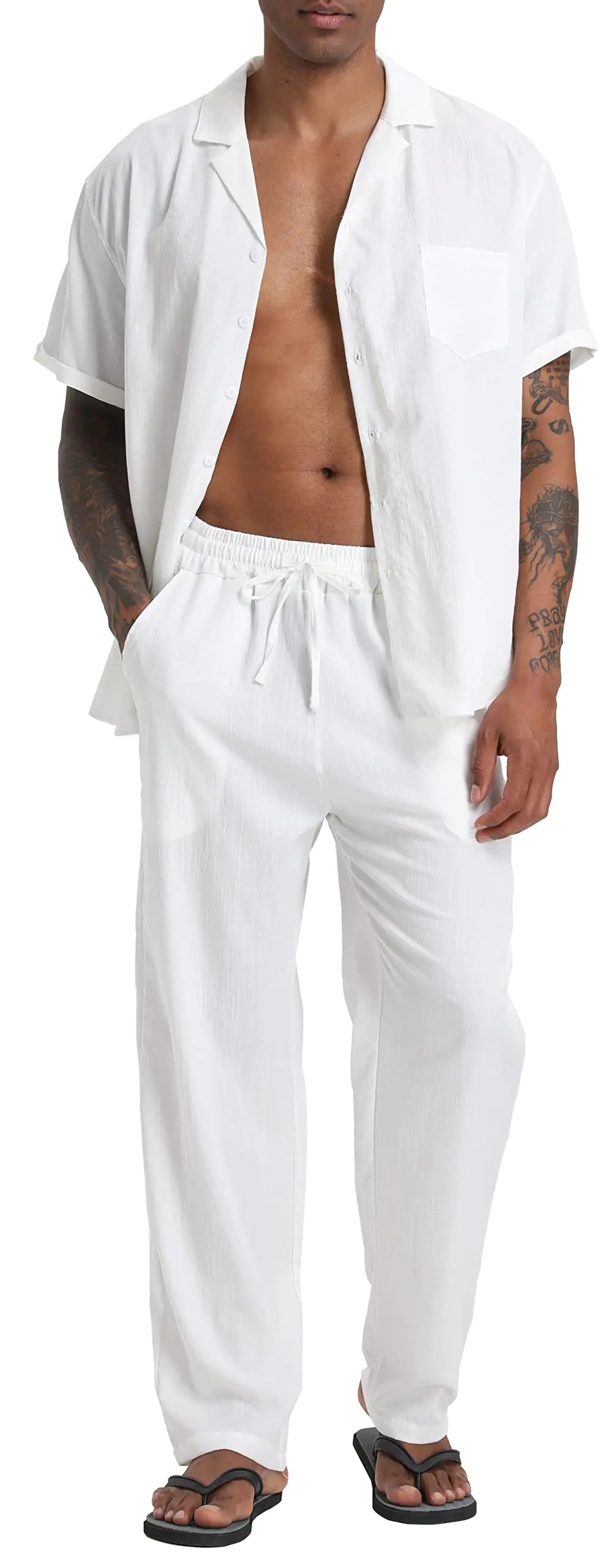 SIENDIU Men's 2-Piece Beach Outfit - Linen Button-Down Shirt & Yoga Pants Set