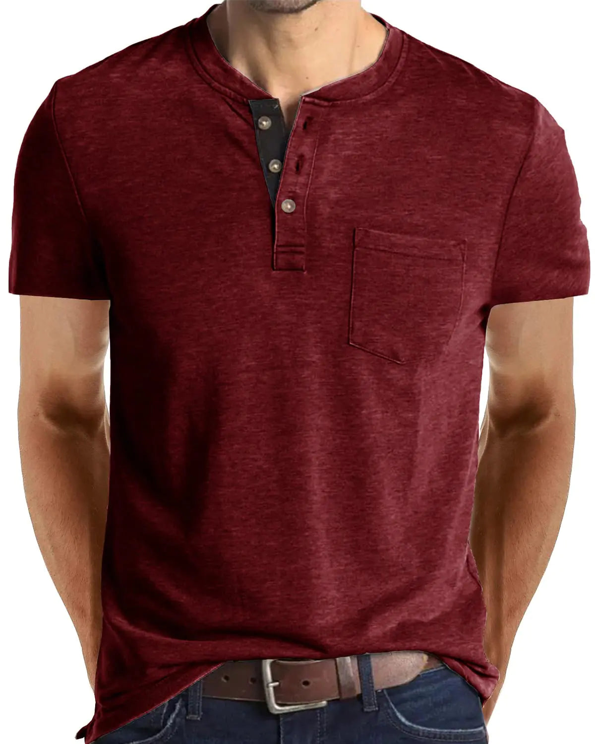 Fashion Mens Henley Shirts Classic Short Sleeve Basic Button Cotton T-Shirt with Pocket Red