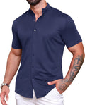 URRU Mens Muscle Dress Shirts Slim Fit Stretch Banded Collar Short Sleeve Wrinkle Free Casual Button Down Shirts Navy Blue XL