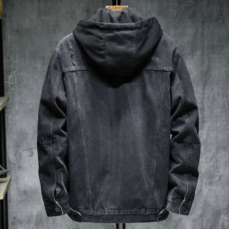 Men's Thick Fleece-Lined Denim Jacket with Hood