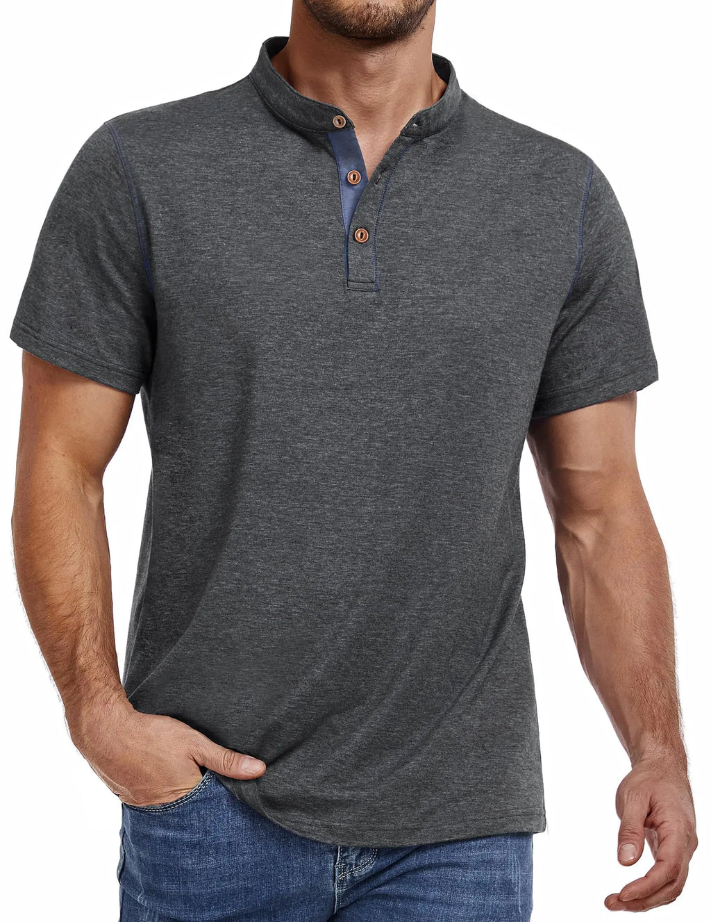 PEGENO Men's Henley Shirt - Short Sleeve Contrast Stitch Casual Tee